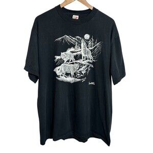 VTG 90s Wolves Moon Nature Graphic T Shirt Mens XL Black Sue Chaffee Seattle
